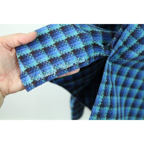 Robert Graham 2XL XXL Blue geometric Check Flip Cuff Classic Fit Cotton Shirt - Picture 9 of 11